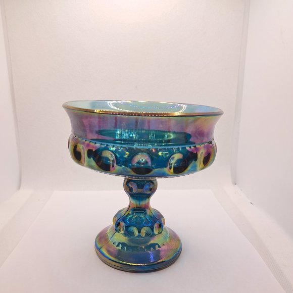 Vintage Carnival Glass Kings Crown Thumbprint Blue Iridescent Indiana Compote - Picture 10 of 11